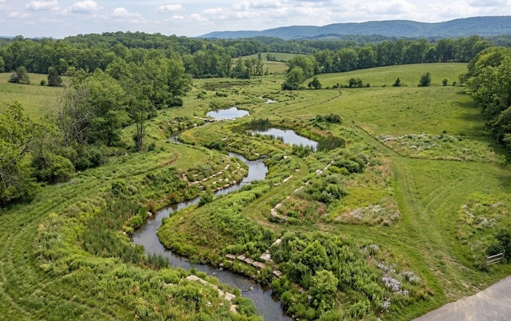 A restored stream channel running through planted streambank buffers on a Potomac Mitigation Bank site